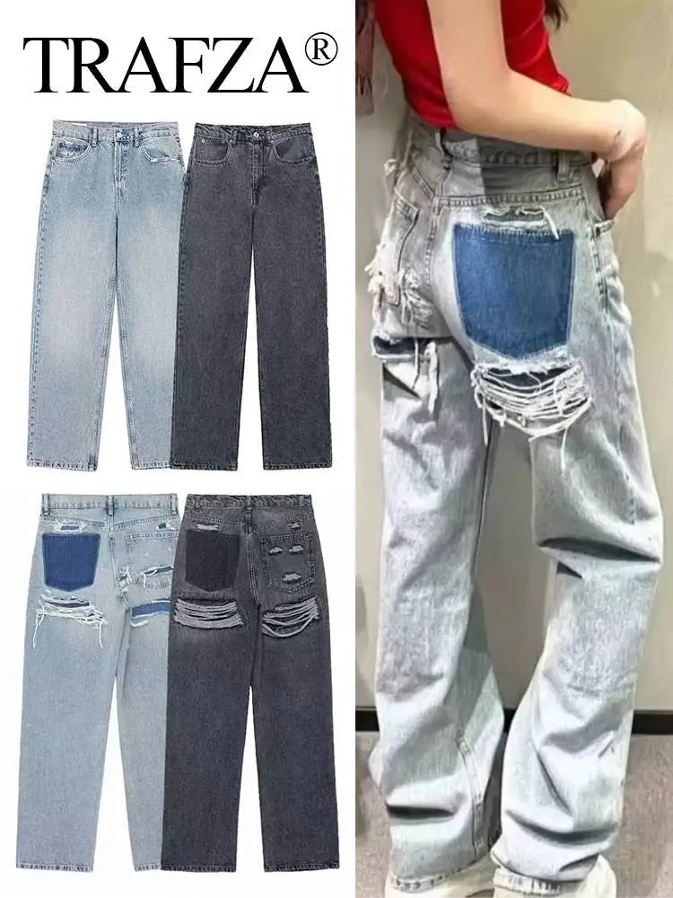 TRAFZA Jeans For Women Fashion Vintage Holes Decorated Denim Pant