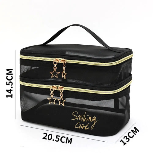 Double-layers Black Mesh Cosmetic Bag Travel Portable Large-Capacity