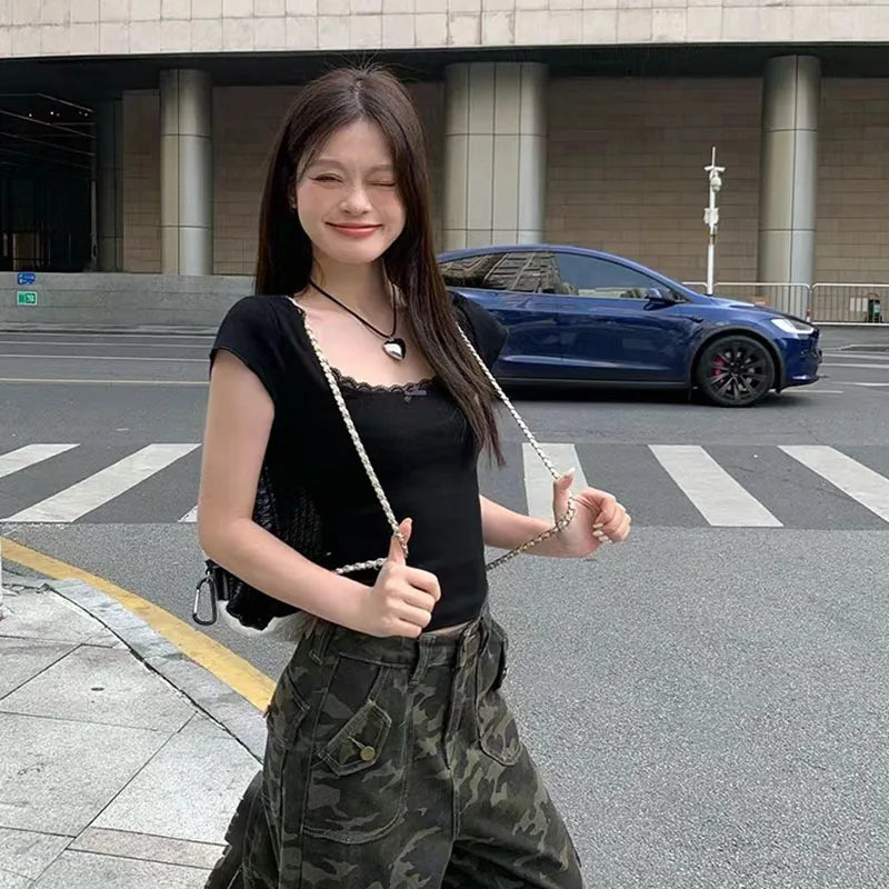 Y2k Lace Patchwork Crop T-shirt Women Vintage Streetwear Sexy Slim U