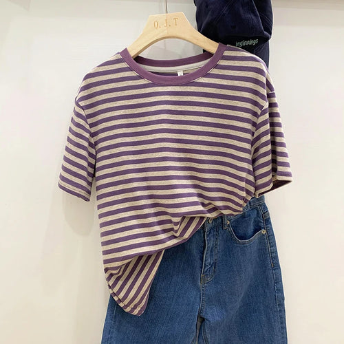 Summer Short Sleeve Striped T-Shirts Versatile Women Knitted Basic