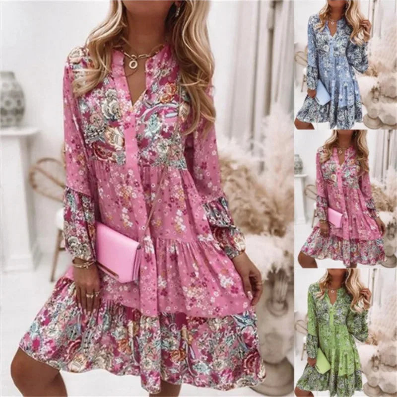 Casual Floral Print Dresses For Women 2024 Sping Summer Boho V Neck