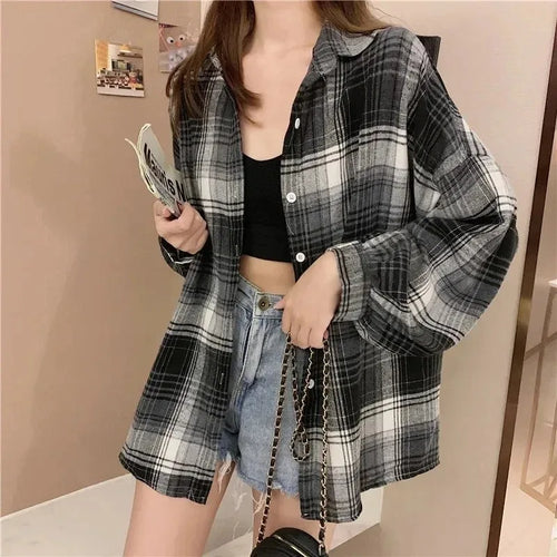 Plaid Shirt Women Fashion Autumn Long Sleeve Top Female Vintage Single