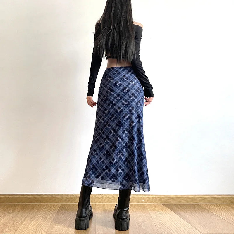 Women Spring Autumn Plaid Print Wrap Hips Skirts Fashion Ankle-Length