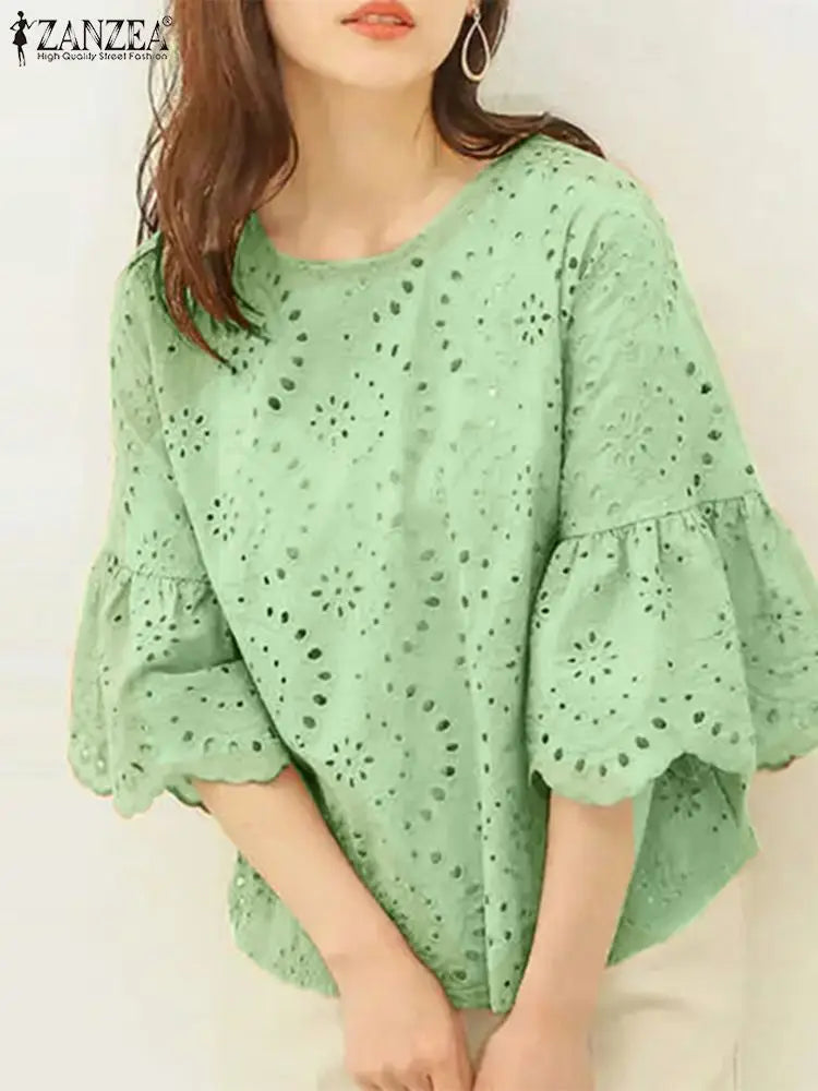 ZANZEA Fashion Summer 3/4 Sleeve Hollow Out Blouse Women Elegant Lace