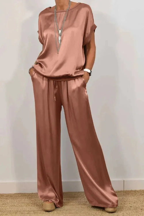 Casual Loose Satin T Shirt Pants Two Piece Sets Women Fashion O-neck