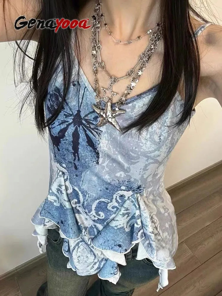 Genayooa Retro Tank Tops Women Sleeveless Blue Print Tank Y2k Vintage