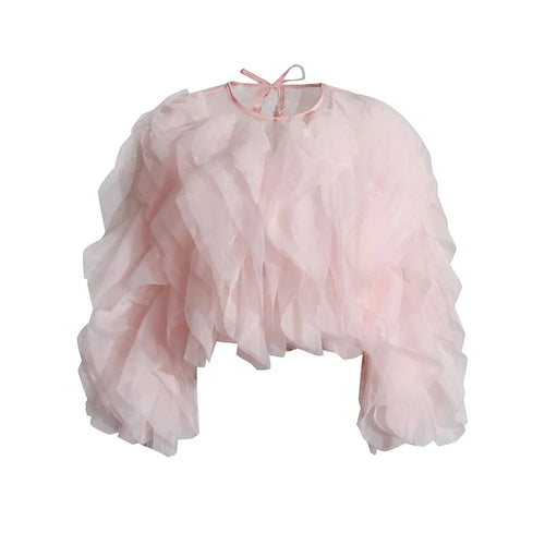 TWOTWINSTYLE Ruffles Shirts For Women O Neck Lantern Sleeve Loose