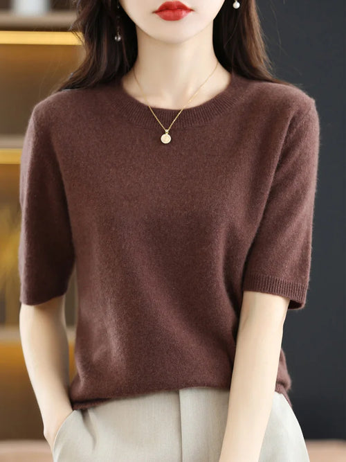 New Short-sleeved Knitwear Women O-neck T-shirt Wool Cotton Blend