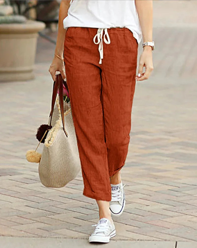 Elegant Solid Slimple Pant Fashion Women Drawstring Cropped Elastic