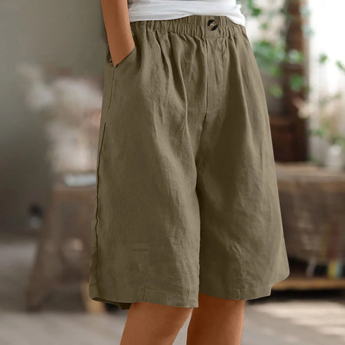 Cotton Linen Shorts Women Summer New Solid Vintage Elastic Waist Wide