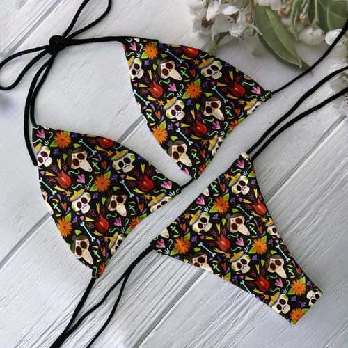 Fashion Bikini Set Women Backless Low Waist Sexy Skull Pattern Printed