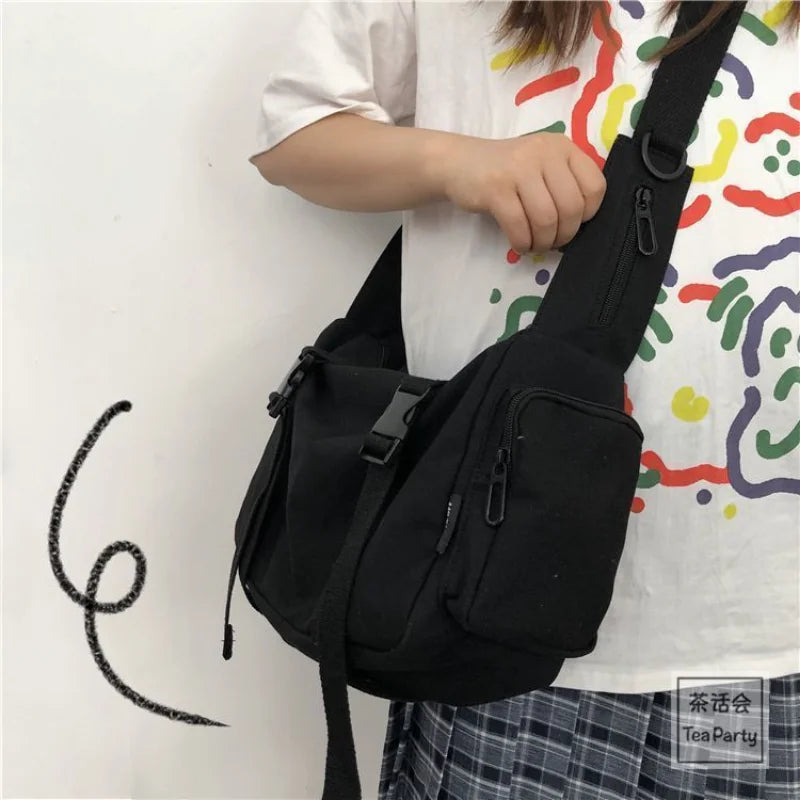 Japanese Harajuku Women Messenger Bag Solid Color Canvas Crossbody