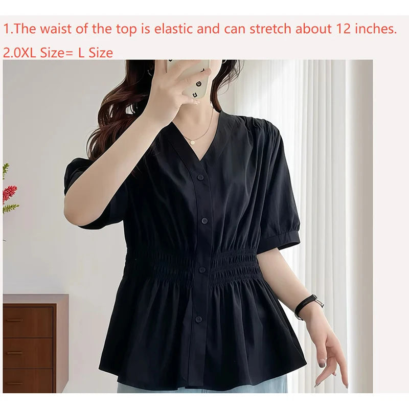 200 Pounds Plus Size Elastic Waist Summer Shirt And Blouse Short