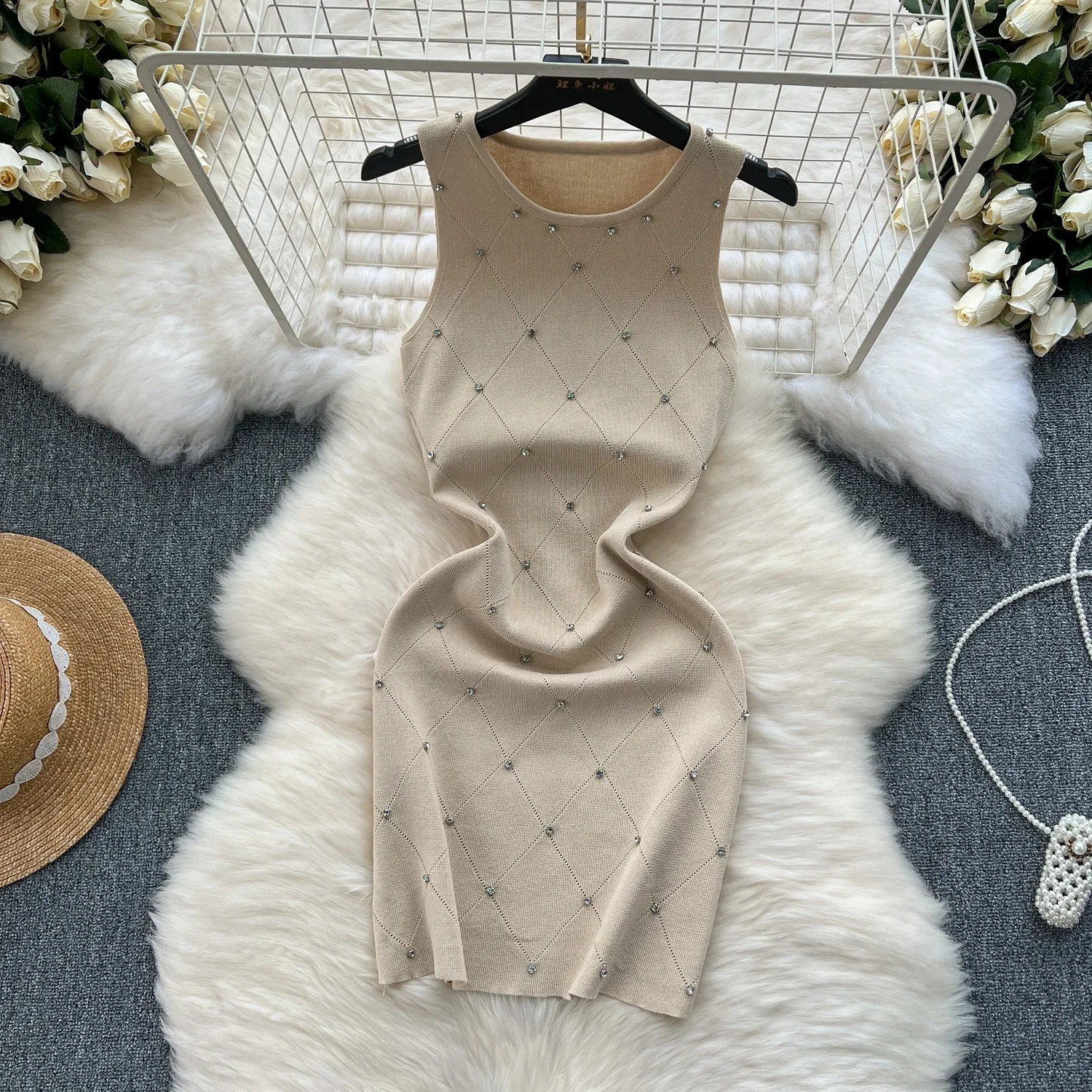 Beading  Summer Women's Knitting Sheath Tank Dress Female Bodycon