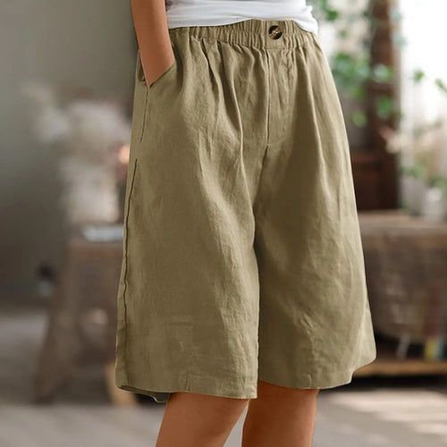 Cotton Linen Shorts Women Summer New Solid Vintage Elastic Waist Wide