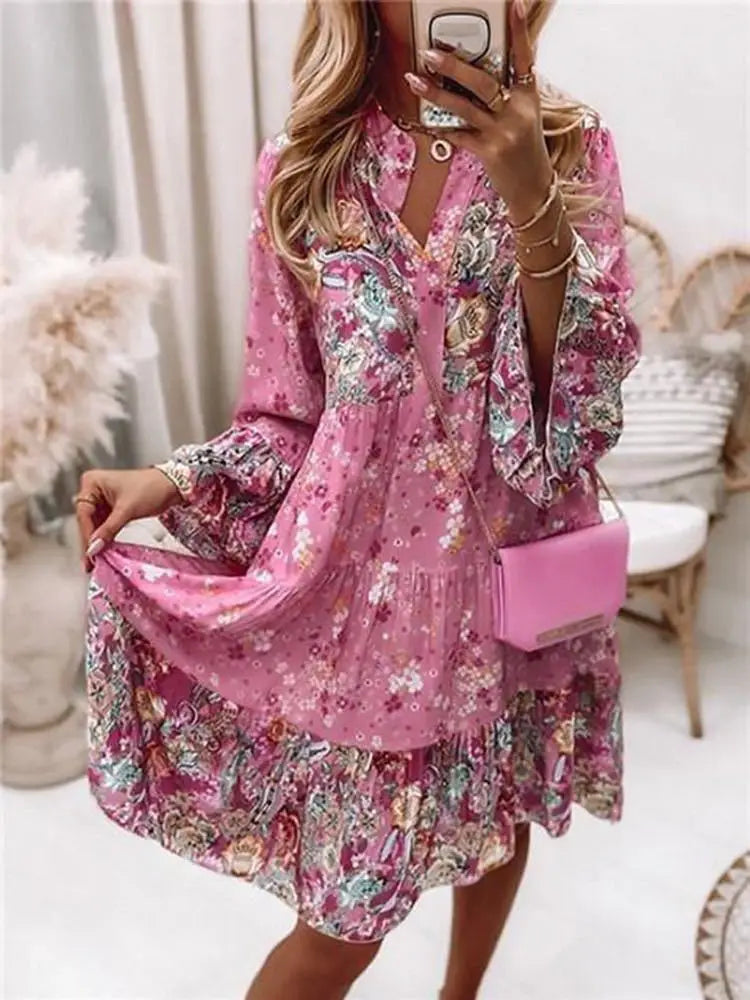 Casual Floral Print Dresses For Women 2024 Sping Summer Boho V Neck