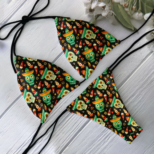 Fashion Bikini Set Women Backless Low Waist Sexy Skull Pattern Printed
