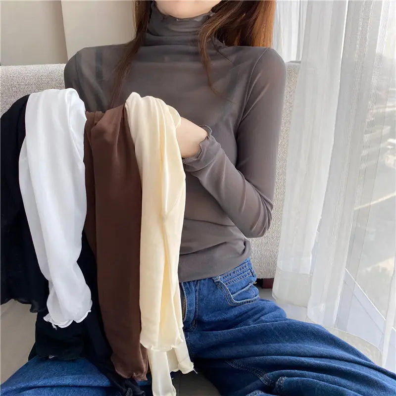 Sexy Women T Shirt See Through Transparent Mesh Tops Long Sleeve Sheer