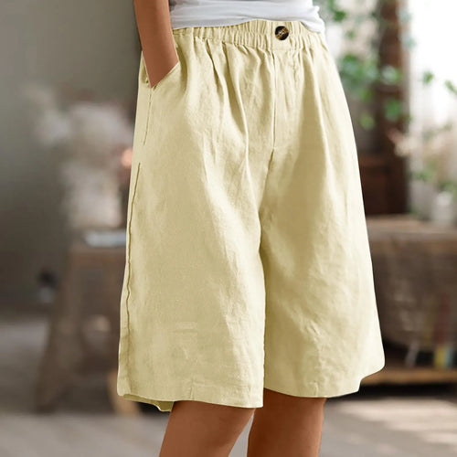 Cotton Linen Shorts Women Summer New Solid Vintage Elastic Waist Wide