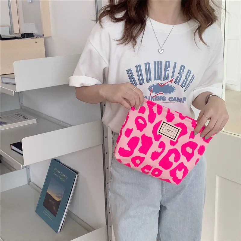 Pink Leopard Print Women Cosmetic Bag Retro Flower Ladies Small Clutch