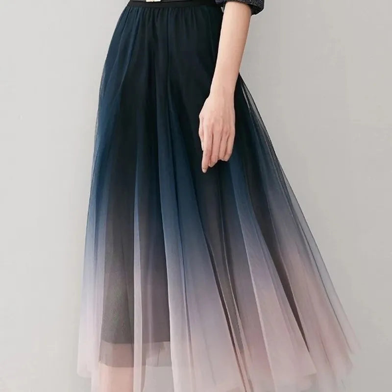 MEXZT Elegant Tulle Skirts Women High Waist Gradient Mesh Pleated Midi