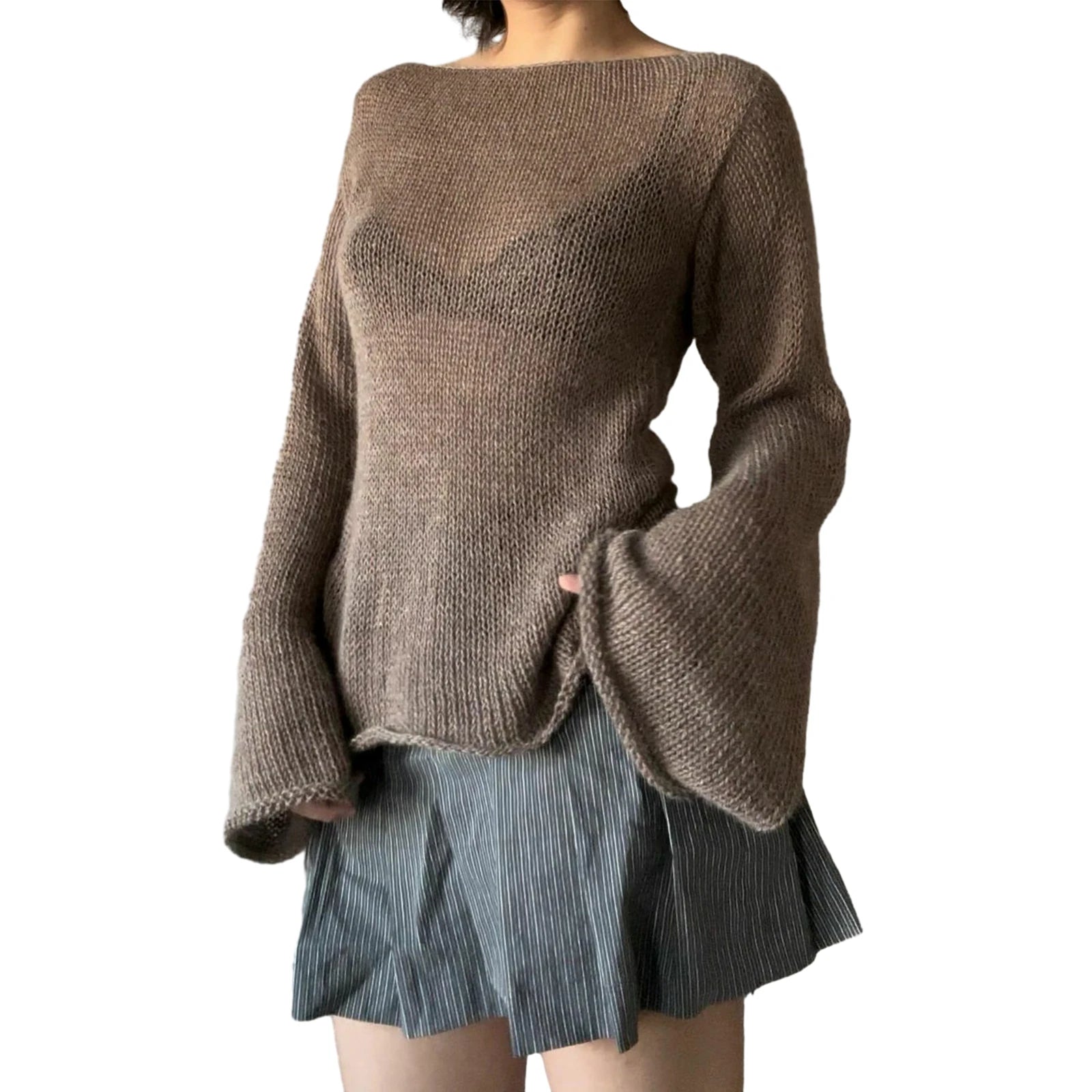 Fashion Women's T-shirt Tie Back Sweaters Long Sleeve Boat Neck Solid