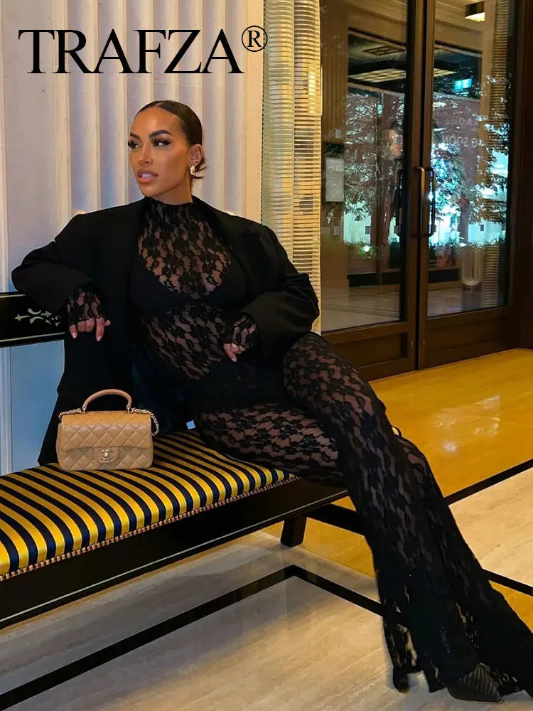 TRAFZA Womens Lace Pants Sets Slim Jumpsuits Top + High Waist Trousers