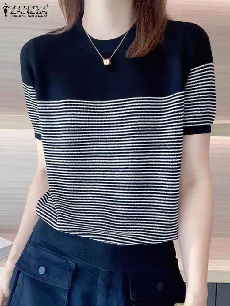 ZANZEA Women Summer T Shirt Vintage Striped Short Sleeve Tee Korean