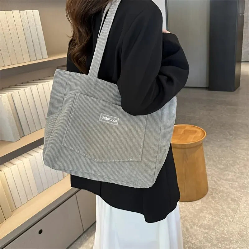 Large Capacity Shoulder Bag Trendy Corduroy Tote Bag Solid Color