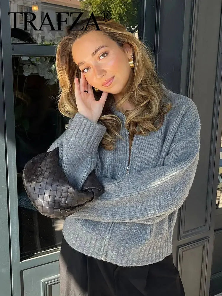 TRAFZA Women Vintage Solid Color Coat Long Sleeve Round Neck Sweater