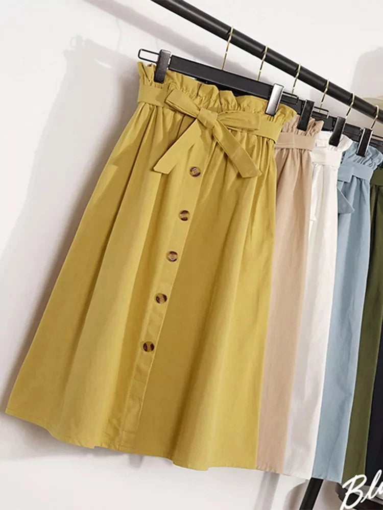 Summer Autumn Skirts Womens Midi Knee Length Korean Elegant Button