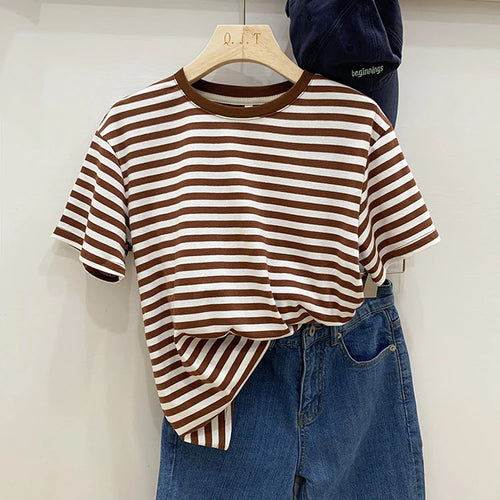 Summer Short Sleeve Striped T-Shirts Versatile Women Knitted Basic