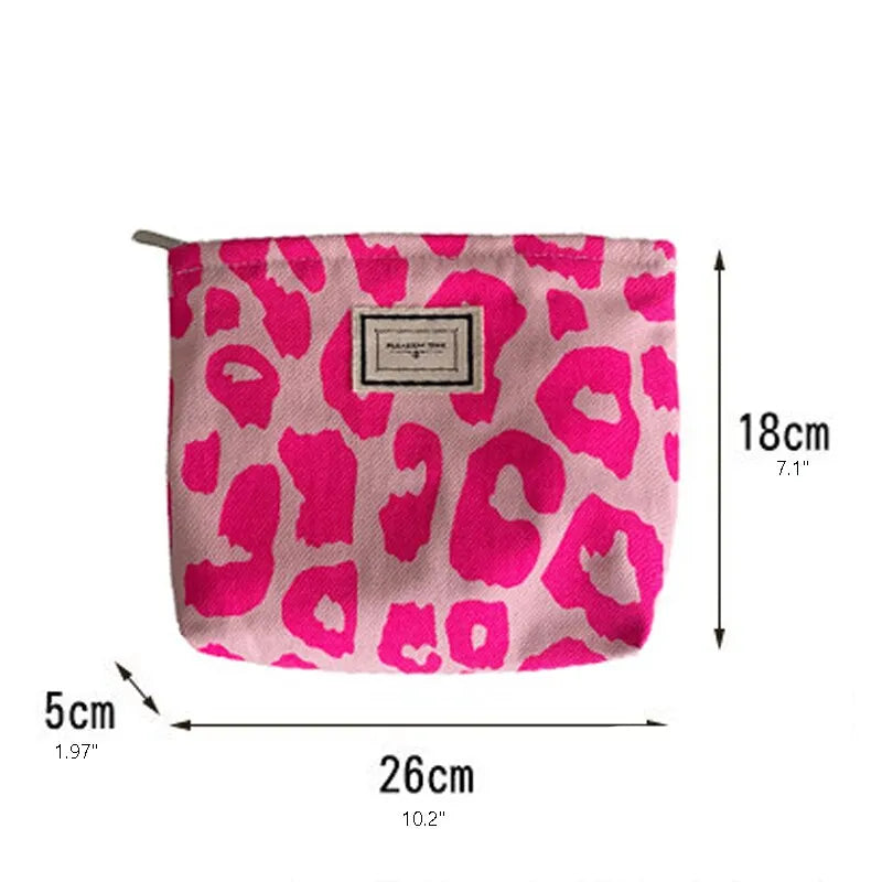 Pink Leopard Print Women Cosmetic Bag Retro Flower Ladies Small Clutch