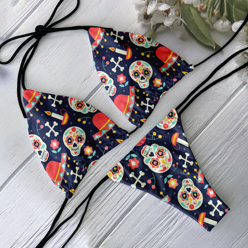 Fashion Bikini Set Women Backless Low Waist Sexy Skull Pattern Printed