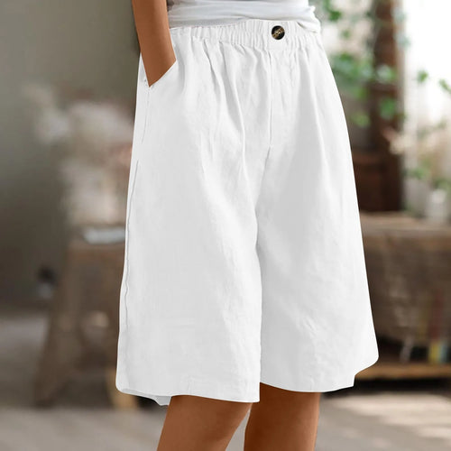 Cotton Linen Shorts Women Summer New Solid Vintage Elastic Waist Wide