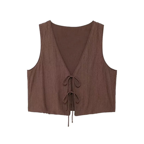 TRAFZA Women Fashion Vintage Solid Skirt Suit Bow Lace-up Tank Tops V