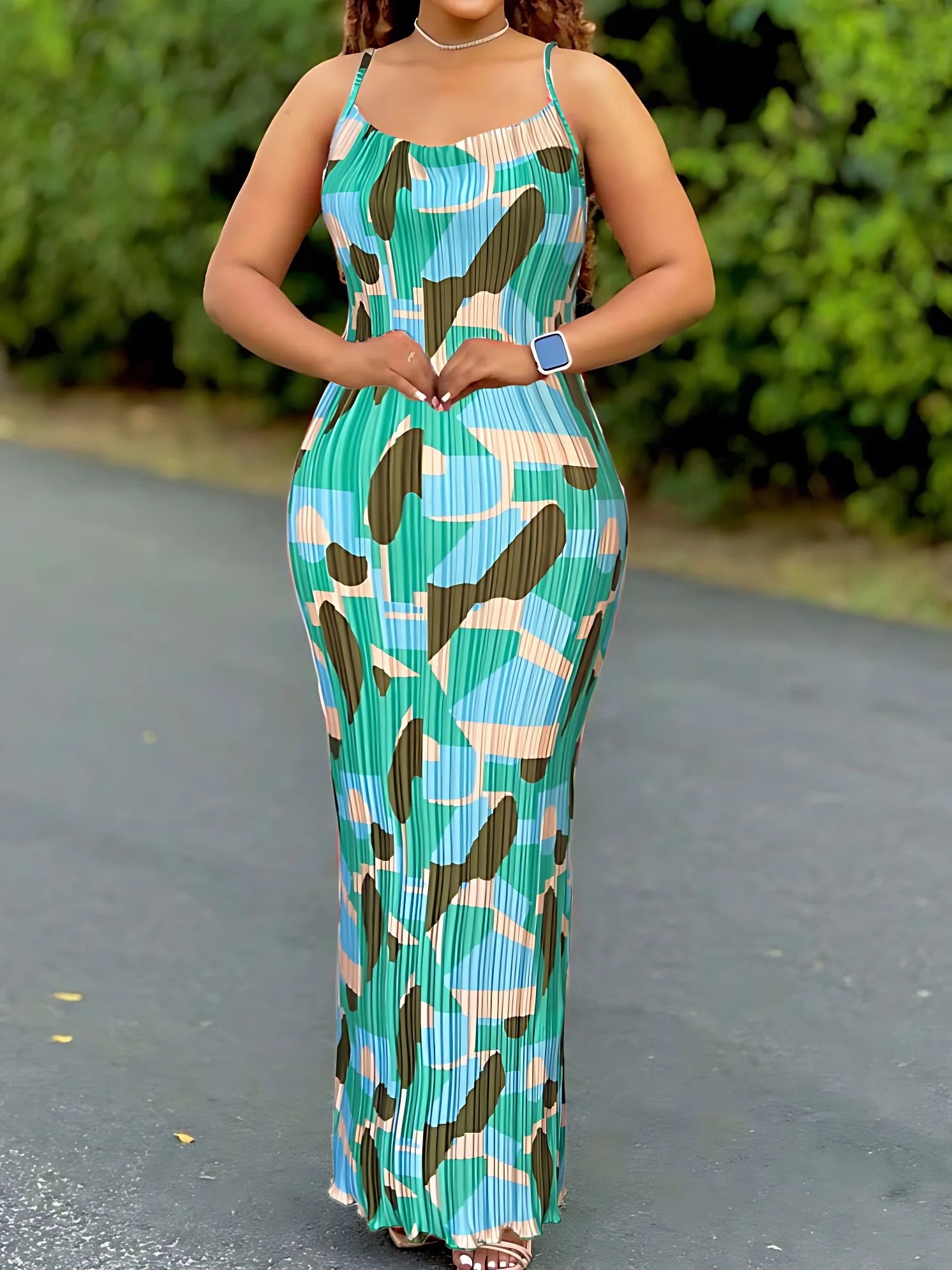 Women's Tie Dye Print Pleated Dress,Summer Spaghetti Strap Bodycon