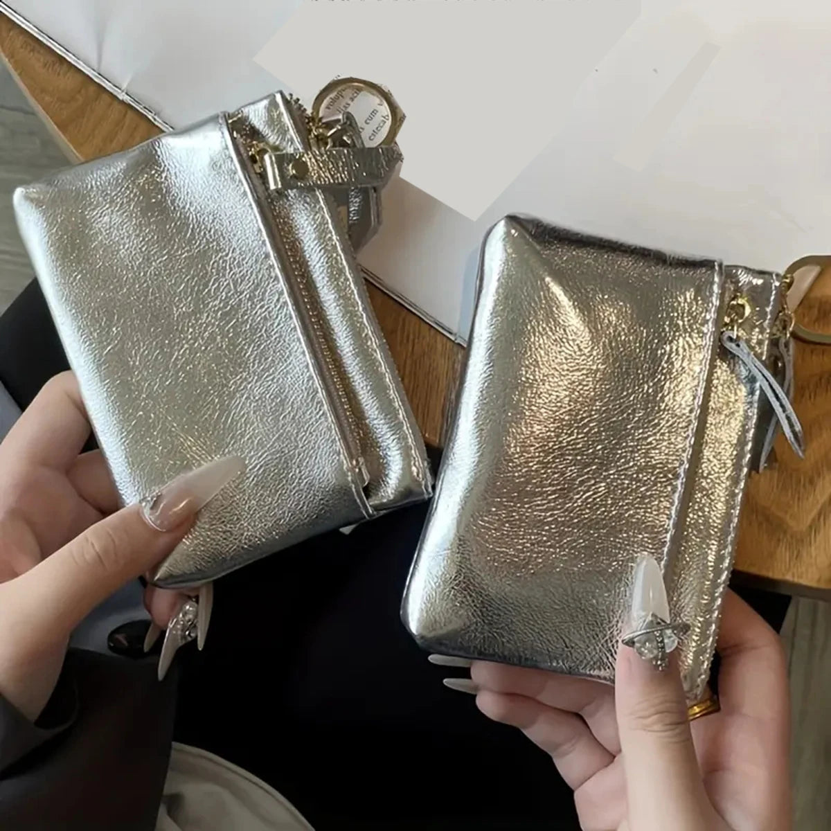 Silver zipper small wallet for women. Top layer cowhide mini pouch.