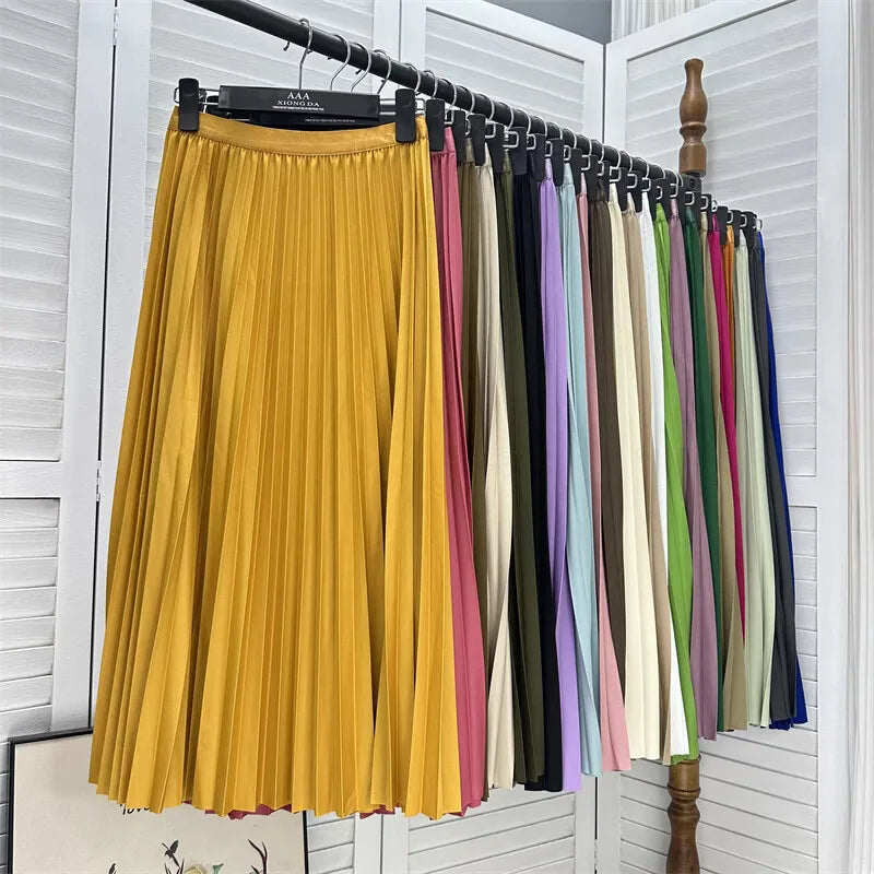 2024 Women Elegant Pleated Skirt High Waist Women Mid-long Skirt