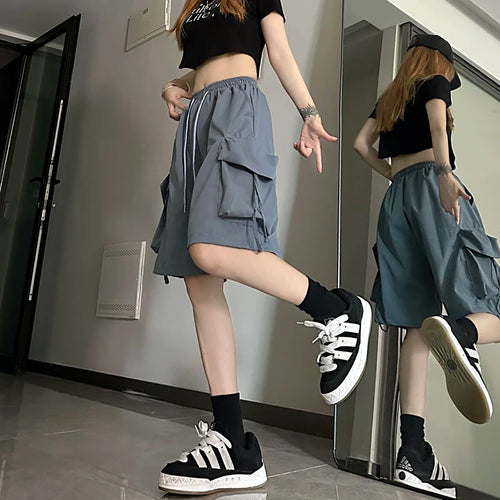 Gidyq Women High Waist Cargo Shorts American Style Streetwear Summer
