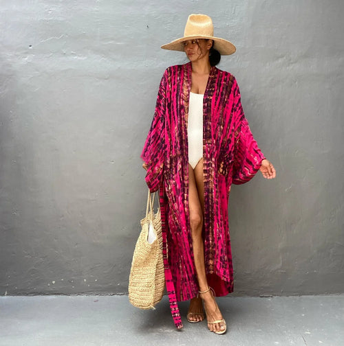 Long Kimono Swimsuit Cover up for Women Stylish Tie Dye Open Front