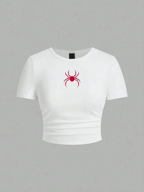 Simple Red Spider Printing Crop Tops Summer Street Fashion Women's