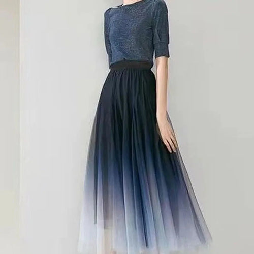 MEXZT Elegant Tulle Skirts Women High Waist Gradient Mesh Pleated Midi