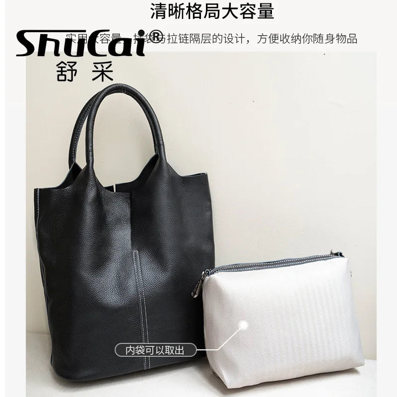 Genuine Leather Commuter Tote Bag Simple Ladies Soft Cowhide Tote