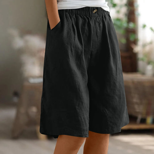 Cotton Linen Shorts Women Summer New Solid Vintage Elastic Waist Wide