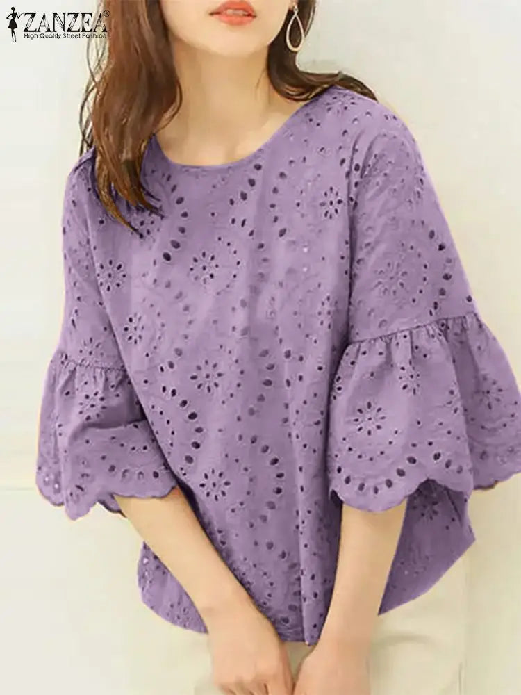 ZANZEA Fashion Summer 3/4 Sleeve Hollow Out Blouse Women Elegant Lace