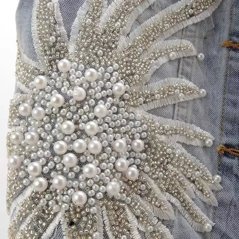fashion Lace Beaded Denim Vest Women Cardigan 2024 New spring