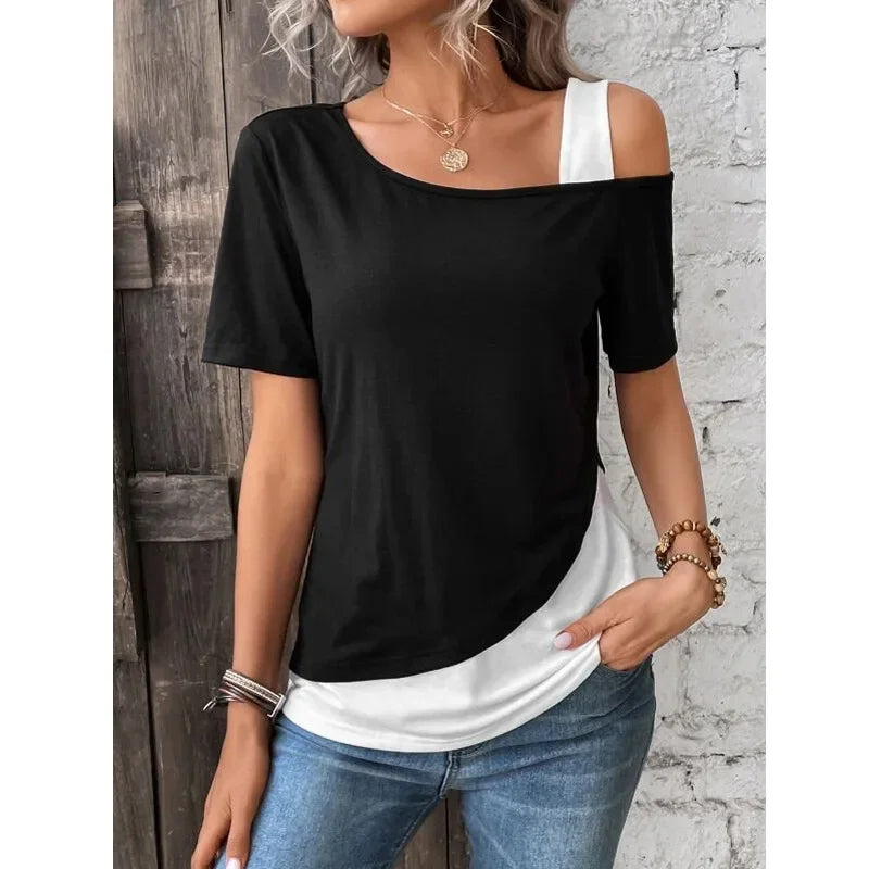 Chic Color Blocking Short Sleeved Women Solid Color Off Shoulder