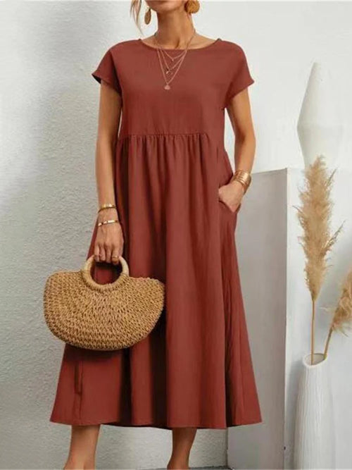 Women Elegant Solid Maxi Dress Summer Short Sleeve O Neck Vintage
