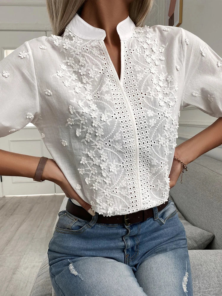 Summer Floral Embroidery Lace Blouse Fashion Women V Neck Casual Shirt